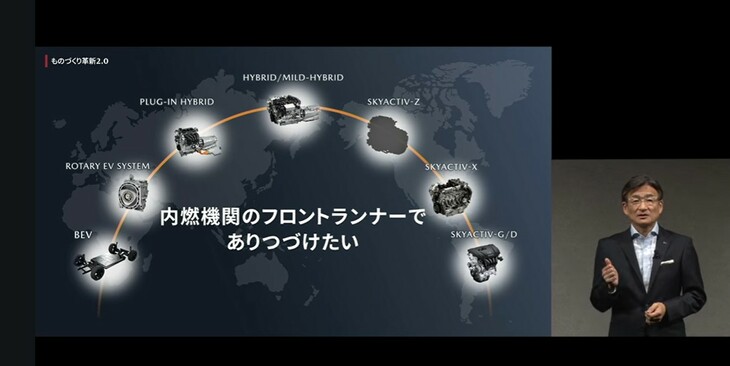 2025年3月18日に開催された記者会見において、製品開発の見通しを説明する、マツダの廣瀬一郎 取締役専務執行役員兼CTO。「電動化時代に向けての経営戦略」がメインテーマの会のなかで、「マツダは内燃機関の開発でもフロントランナーでありたい」と語気を強めた。