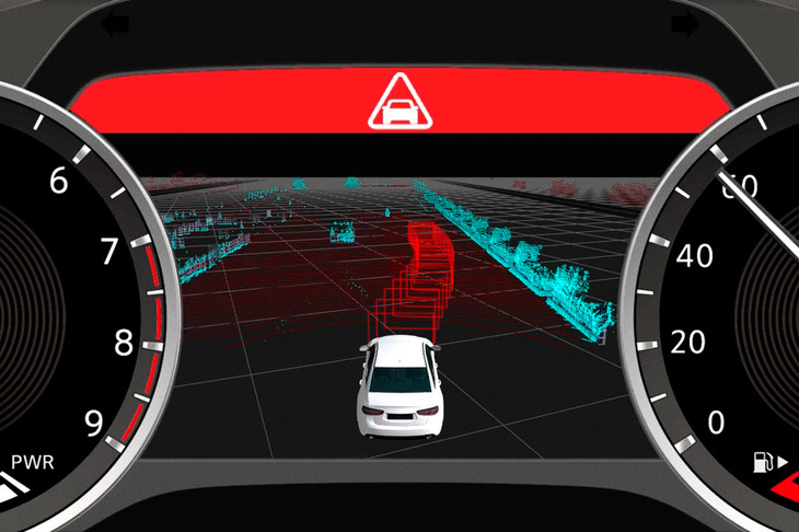 「グラウンド トゥルース パーセプション」における、LiDARによる状況認識と、算出された自車走行経路を模式的に表したもの。