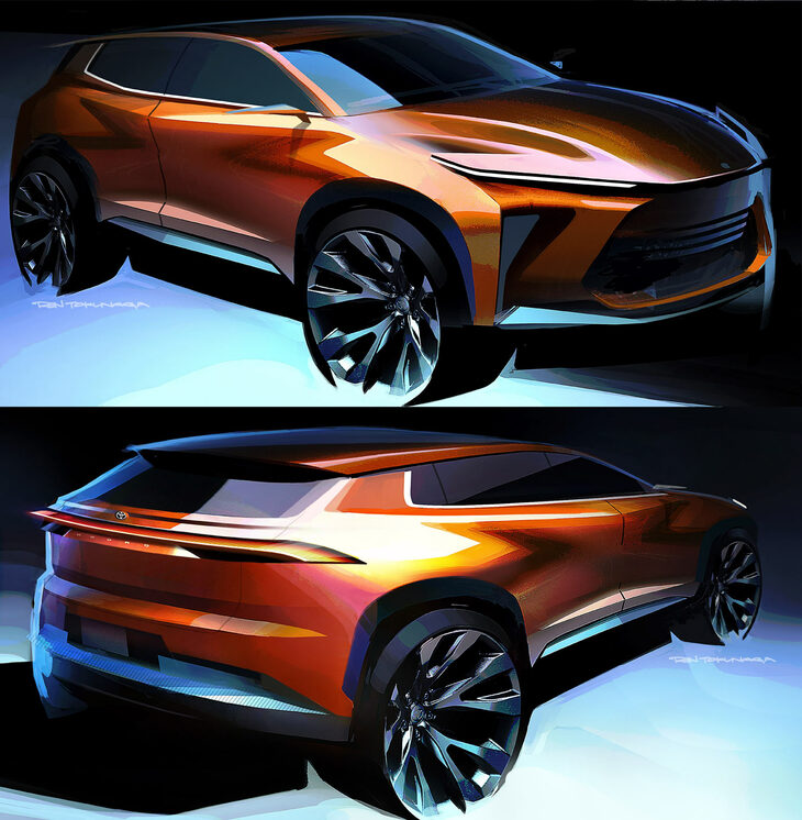 「クラウン エステート」のデザインスケッチ。フロントの“ハンマーヘッドフェイス”やボディーサイドのリフレクション、ガラスエリアの切り欠きに、横一文字のリアコンビランプ等々、各所に市販モデルの面影が見てとれる。