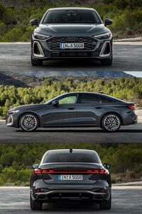 新型「A5」の3面図。車体各部のカドは丸められ、プレスラインよりは面の抑揚で表情を示すデザインになった。