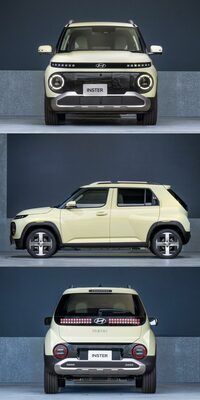 「インスター」の三面図。サイドでは、前後フェンダーの斜めのキャラクターラインがテールゲートの傾きと反復しており、個性的でありながら唐突感を上手に抑えている。