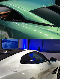 リアピラーのデザインに注目。「DB11」や「DB12」（写真上）では後端に隙間のような処理を施し、勢いを後ろに流すような意匠としていたのに対し、「ヴァンキッシュ」では太いピラーでグッと受け止めるイメージとなっている。