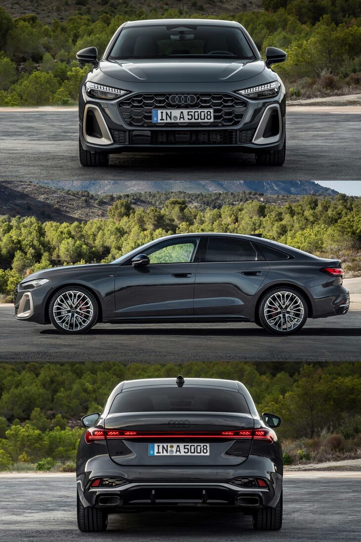 新型「A5」の3面図。車体各部のカドは丸められ、プレスラインよりは面の抑揚で表情を示すデザインになった。