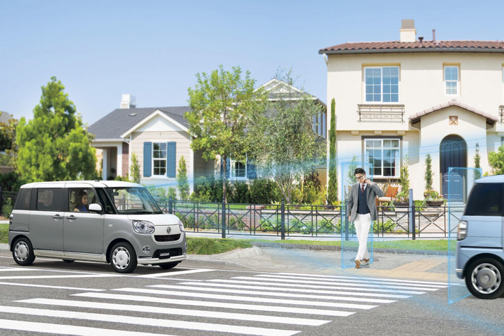 「ダイハツ・ムーヴキャンバス」の自動ブレーキのイメージ画像。ムーヴキャンバスは、自動ブレーキや車線逸脱警報などからなる先進安全装備「スマートアシストIII」を多くのグレードで標準装備としている。