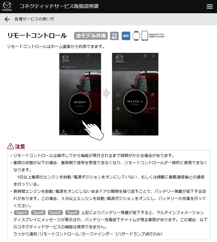 スマートフォンが普及したおかげで、これをスマートキーや、遠隔操作によるプレ空調のリモコンとして活用する動きが進んでいる。最近の新車の多くが同機能に対応しており、マツダの場合も写真のとおり、一部の例外はあるものの“全車種共通（の機能）”とうたわれている。