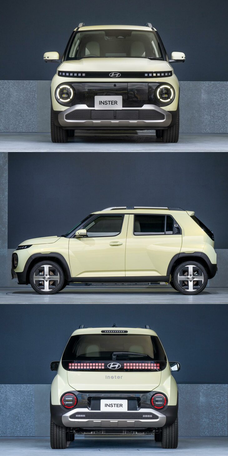 「インスター」の三面図。サイドでは、前後フェンダーの斜めのキャラクターラインがテールゲートの傾きと反復しており、個性的でありながら唐突感を上手に抑えている。