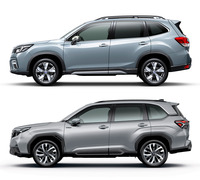 先代（上）と新型（下）の「フォレスター」の比較。後ろに向かってベルトラインやキャラクターラインがはね上がる、ウエッジ感の強いデザインだった先代に対し、新型のベルトラインは水平基調。ドアパネルでも、キャラクターラインによる分断を廃して大きな面で豊かさを表現しており、より落ち着いたSUVらしいデザインとなった。