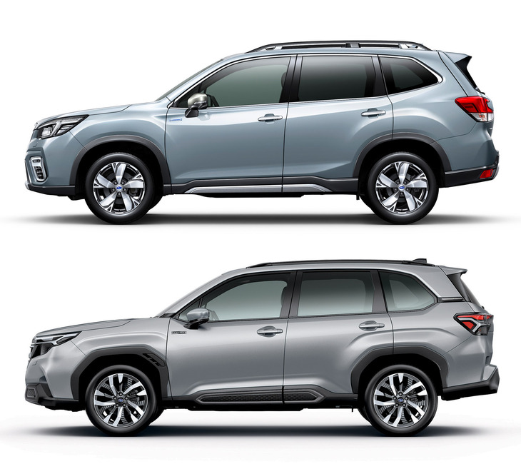 先代（上）と新型（下）の「フォレスター」の比較。後ろに向かってベルトラインやキャラクターラインがはね上がる、ウエッジ感の強いデザインだった先代に対し、新型のベルトラインは水平基調。ドアパネルでも、キャラクターラインによる分断を廃して大きな面で豊かさを表現しており、より落ち着いたSUVらしいデザインとなった。