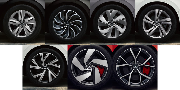 ホイールの仕様はグレードによって細かく使い分けられている。上段は、左から「eTSIアクティブベーシック／アクティブ」「TDIアクティブベーシック／アクティブアドバンス」「eTSIスタイル／TDIスタイル」「eTSI Rライン／TDI Rライン」のホイール。下段左はeTSI Rライン／TDI Rラインにオプションで用意される18インチホイールで、同中央は「GTI」の、同右はGTIにオプションで用意される19インチホイール。