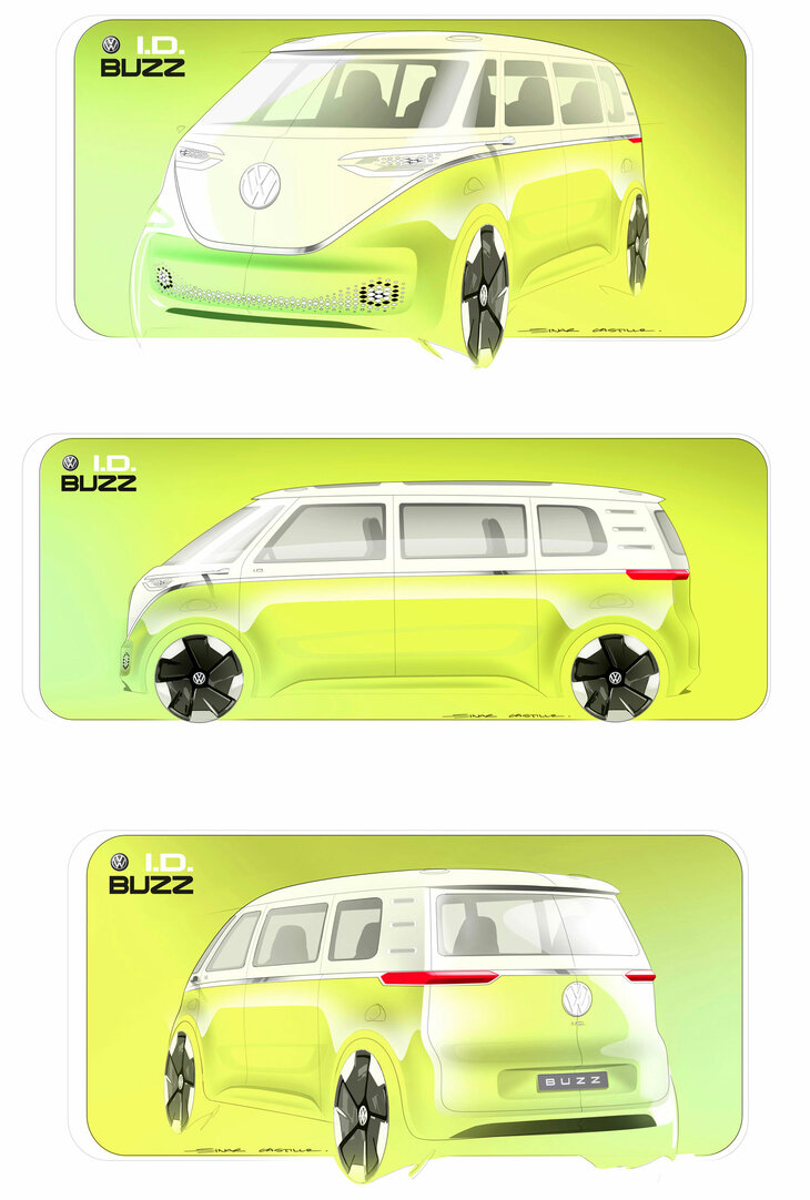 「フォルクスワーゲンID. Buzz」の原型となったコンセプトモデル「ID. BUZZ」（ややっこしい……）のデザインスケッチ。　
	ほった「なんだってレトロデザインは、今の時代にこんなにウケているんですかねえ？」　
	清水「あこがれの記憶の蓄積が、未来への希望を超えてしまったんだよ」　
	ほった「だとしたら、このブームは当分終わりそうにないですね」