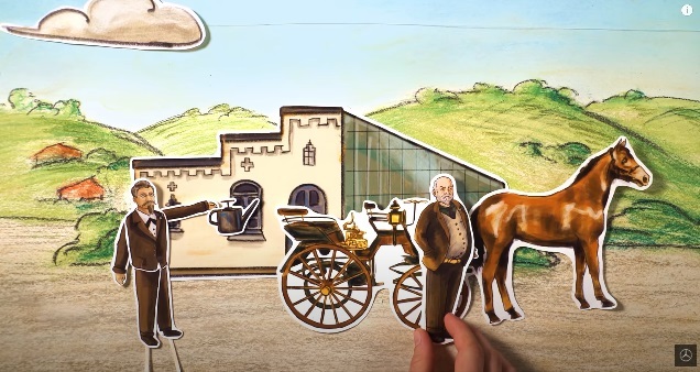 メルセデス・ベンツは社名の由来やブランドの歴史を紹介する動画を公開。写真はカール・ベンツ（左）とゴットリープ・ダイムラーが出会う重要なシーンだ。