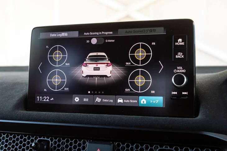 インフォテインメントシステムには、データロガー「Honda LogR」を搭載。ブースト圧やGモーション、タイヤの摩擦円などをリアルタイムで確認できるほか、走行データを自動解析して採点する、スコアリング機能も備わっている。