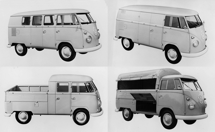 T1のバリエーションの例。左上から時計回りに「コンビ」（荷客兼用バン）、「デリバリーバン」（パネルバン）、「シングルピックアップ」（ほろ付き）、「ダブルピックアップ」。