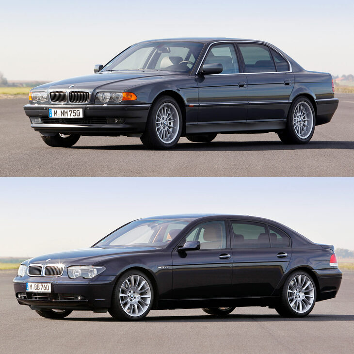 クリス・バングル氏によるBMWデザイン改革の一例。写真は上が3代目（1994-2001年）、下が4代目（2001-2009年）の「7シリーズ」。