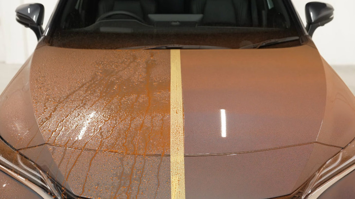 左側がコーティングなし、右側がコーティング済みの状態で、その上に泥汚れを再現したもの。この状態でも右側はボディーにつやが感じられるが、ここから水をかけると、その流れとともに汚れがさらっと落ちてゆく。実際の効果の高さはKeePer技研のYouTubeページで確認してみてほしい。