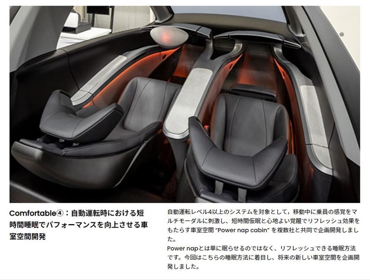 こちらは逆に、短く心地よく寝てもらうことで眠気を解消しようというトヨタ紡績の技術。まだまだ普及は先になるであろう、レベル4の自動運転車を前提としての話だが、どんな寝心地なのか体験してみたい。