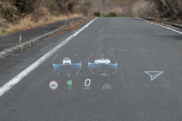 多彩な表示機能を備えたフルカラーのヘッドアップディスプレイ。こちらにもクルマの斜度や「ダウンヒルスピードレギュレーション」の作動状態といった、オフロード向けの表示が用意されていた。