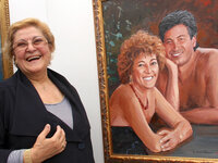 マリアテレーザ夫人との自画像を試みたアクリル画。1999年。夫人とともに2009年筆者撮影。