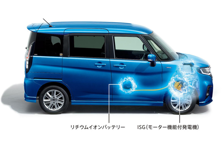 マイルドハイブリッドシステムを搭載した「スズキ・ソリオ」。スズキは日本では12Vの、欧州では48Vのマイルドハイブリッドを採用している。