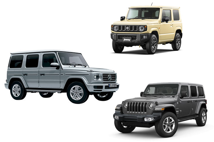 現行型の「スズキ・ジムニー」と「メルセデス・ベンツGクラス」「ジープ・ラングラー」。