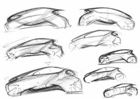 「アクア」の初期スケッチ。　
	清水「けっこう躍動的なイメージだったんだねぇ」　
	ほった「リアフェンダー前の絞りとかルーフスポイラーのあたりとかを見ると、実車にも、結構このスケッチの面影が残っている気がします」