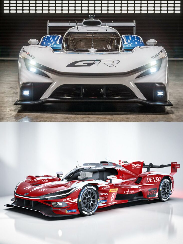 こちらは、2025年のルマンで世界初公開された、液体水素で走るテストカー「GR LH2レーシングコンセプト」（上）と、2026年の世界耐久選手権に投入される「TR010ハイブリッド」（下）。「GR GT3」も含め、今後はこの“バッテン顔”が、トヨタ製レーシングカーのアイコンとなるのかもしれない。