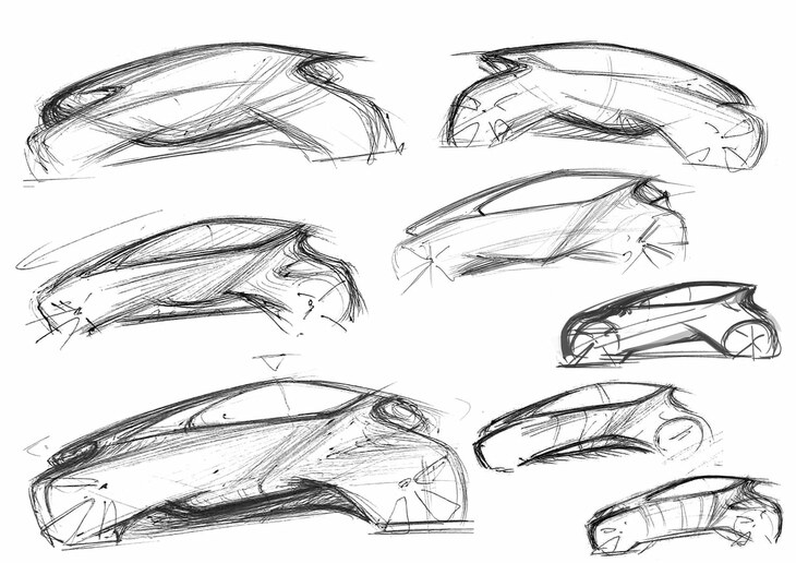 「アクア」の初期スケッチ。　
	清水「けっこう躍動的なイメージだったんだねぇ」　
	ほった「リアフェンダー前の絞りとかルーフスポイラーのあたりとかを見ると、実車にも、結構このスケッチの面影が残っている気がします」