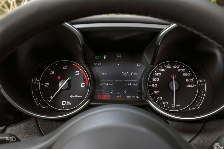 左にエンジン回転計、右に速度計を置く2眼式メーターパネル。中央にはマルチインフォメーションディスプレイが配される。