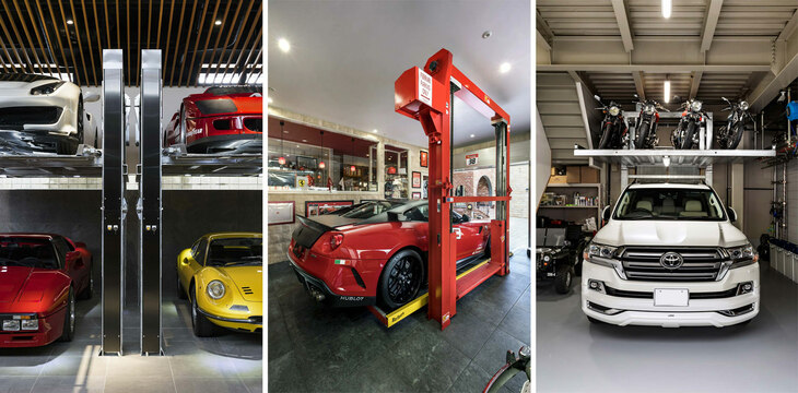 隣り合わせて支柱を並べられるのも2柱式ならではの美点。静音設計のため屋内でも作動音は小さい。支柱を壁面に配置すれば右写真のようなアレンジも可能。