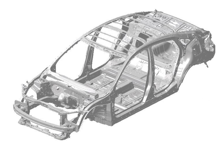 「シビックセダン」のボディー骨格。新型シビックには、新型「CR-V」（日本未導入）から導入が進められている、新世代のプラットフォームが用いられている。
