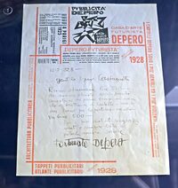 デペーロの事務所のレターヘッドに記された、本人の手紙。ポスターのデザイン料の一部500リラを受領したことが記されている。1928年。