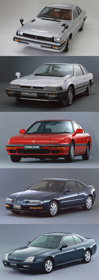 歴代「プレリュード」。上から順に、初代（1978年）、2代目（1982年）、3代目（1987年）、4代目（1991年）、5代目（1996年）。