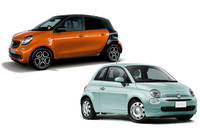 新型「トゥインゴ」と同じプラットフォームを用いる「スマート・フォーフォー」（奥）と、ユーザーイメージが近い例として大極氏が挙げた「フィアット500」（手前）。
