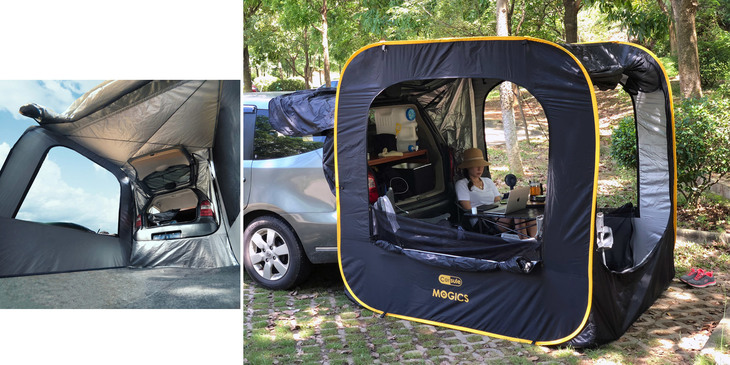 CARSULE | カーサイドテント
価格：5万3200円

オートキャンプをより身近に

最近ではキャンプブームでさまざまなグッズが数多くリリースされているが、クルマ好きにおすすめしたいのが「CARSULE カーサイドテント」だ。キューブ型のポップアップ式で、広げてポールを立てるだけという簡単設営が特徴。しかもミニバンやSUV、ステーションワゴン等のハッチゲートを利用し、マグネットロープ等でクルマに連結・固定すれば、さらにしっかりと、車室内も含めた広々とした快適空間が確保できる。クルマを使ってアウトドアを楽しみたいという人はぜひとも試してほしい一品だ。

問い合わせ：HNY Trading 078-600-2468