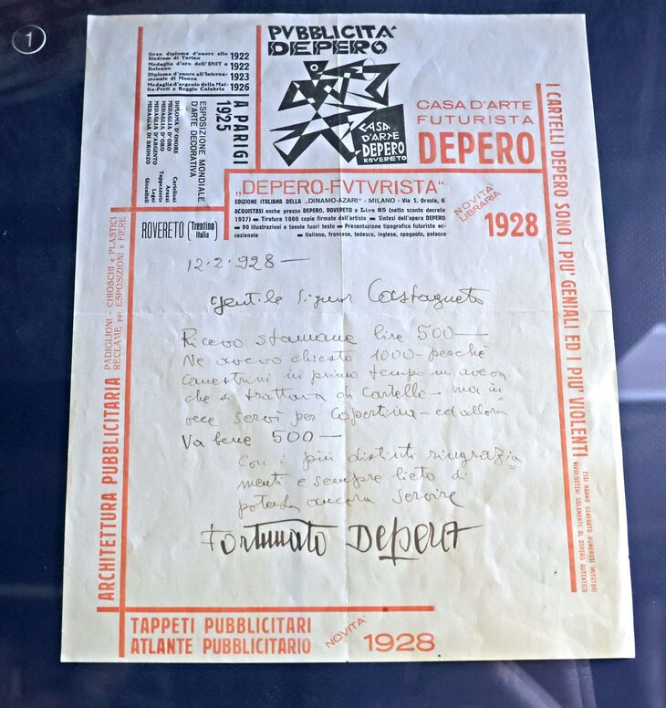 デペーロの事務所のレターヘッドに記された、本人の手紙。ポスターのデザイン料の一部500リラを受領したことが記されている。1928年。