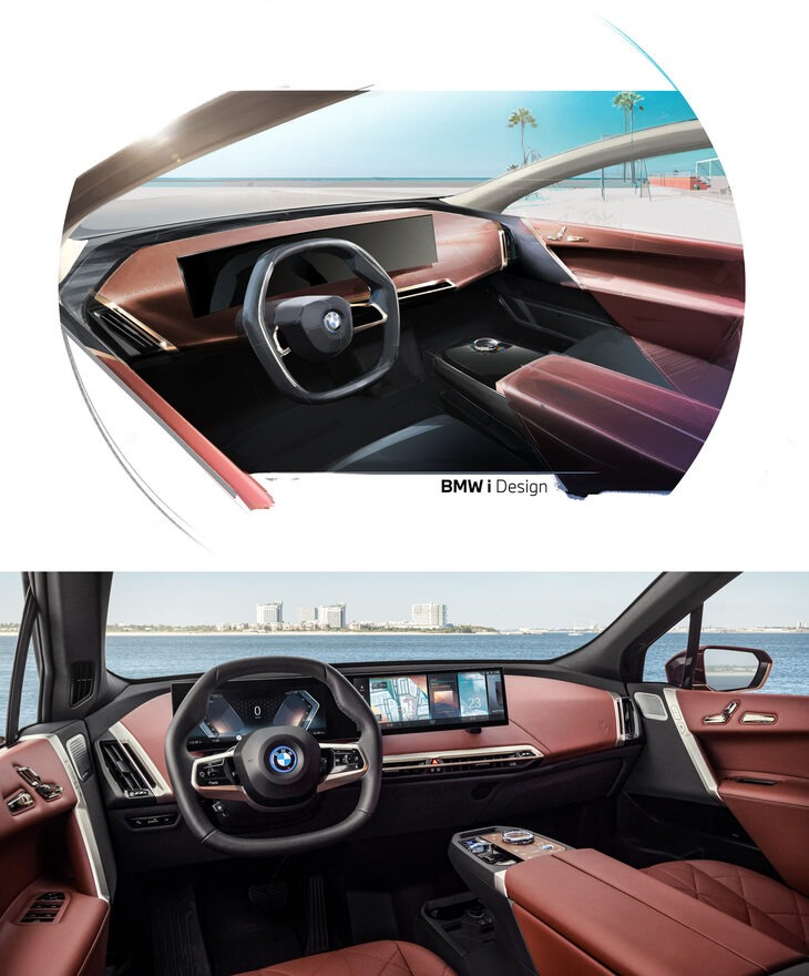 「iX」のデザインスケッチと実車のインテリア。ダッシュボードのヨコの流れを加飾や色などで断ち切り、上下や前後など、ドライバーから見てタテの流れに変えるのは、BMWのインテリアにおける新しい潮流なのだ。