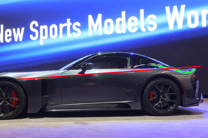 赤い線はボディーサイドのキャラクターラインと、そこから想起されるリアまわりのボディーの流れ。緑の線は、実際のリアまわりのボディーの流れだ。後者は大きく下方に落ち込んでおり、リアエンドもかなり低い位置となっている。