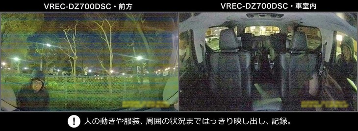 DZ700DSCで夜間駐車時に撮影した映像。光量の極めて少ない暗闇でも車内をのぞき込む人を服装まで捉えることができる。DZ700DSCなら最適の位置にフロアカメラを設置できる。