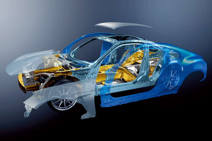 車体については従来型の基本設計を踏襲しつつ、インナーフレーム構造や構造用接着剤の採用、ルーフやボンネット、フロントフェンダーのアルミ化などにより、ボディー剛性の強化と重量増の抑制を図っている。