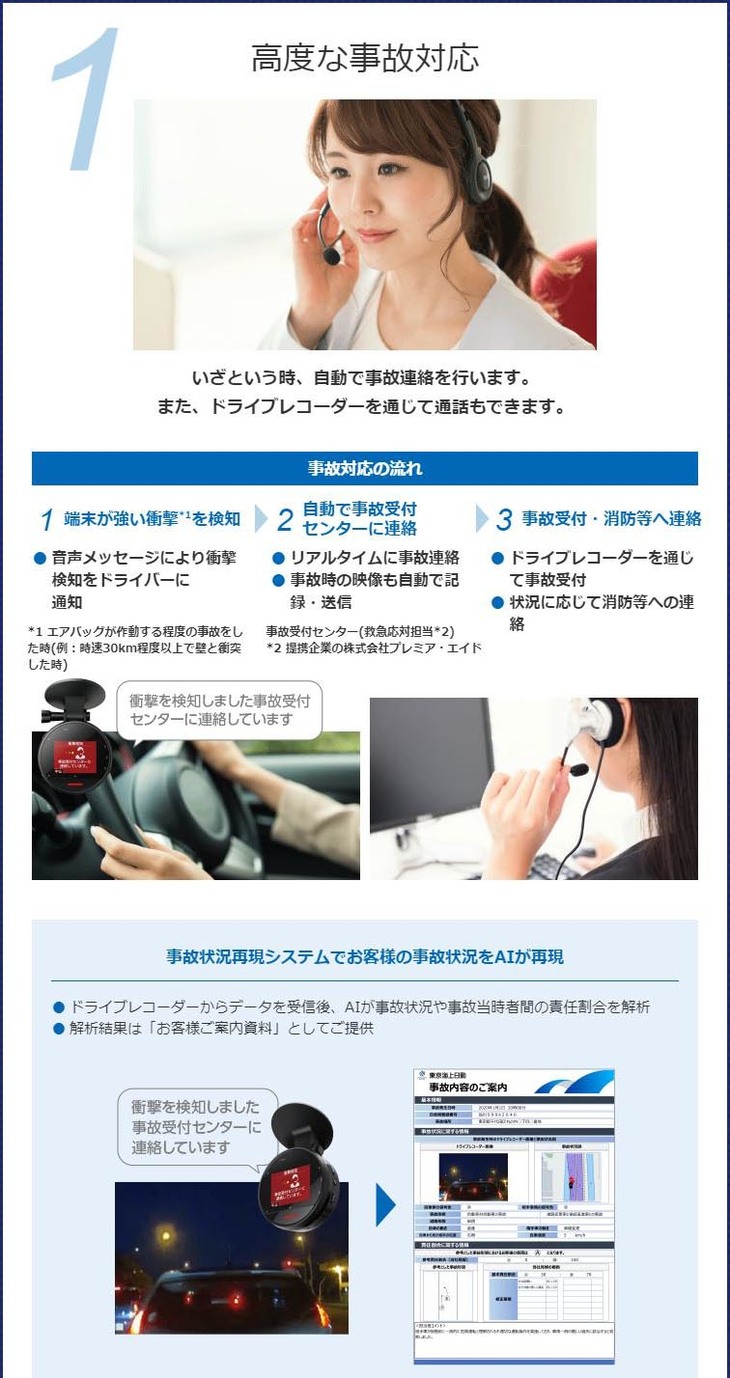 東京海上日動が提供するドライブレコーダー付き自動車保険「ドライブエージェント パーソナル」のオフィシャルサイト（イメージ）。万一の事故の際は、レコーダーの記録データを元に事故の責任割合が算出される。実際に、裁判で有効なデータとしても活用されている。