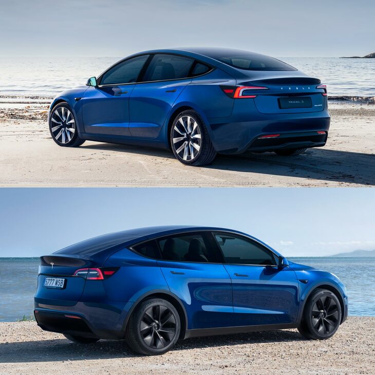 ほった「『モデルY』（写真下）って、『モデル3』（写真上）の頭をギューっと引っ張って、タテに伸ばしたような形をしてますよね」　
	清水「てか、テスラって細かいところのモチーフもほとんど一緒だよね。ヘッドランプが車種によって違ったりするけど」