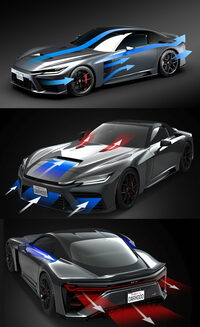 上段は「GR GT」の空力の、中・下段は走行風を用いた冷却のイメージ図。リアまわりでのショルダーの落ち込みは、やはりダウンフォースをかせぐのが狙いか？