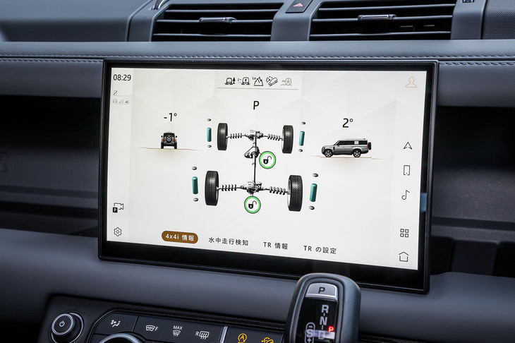 「4×4i」の表示画面。4WDシステムやサスペンションの作動状況、車両のピッチやロール、ディファレンシャルロックの状態などが11.4 インチのタッチスクリーンにリアルタイムで映し出される。
