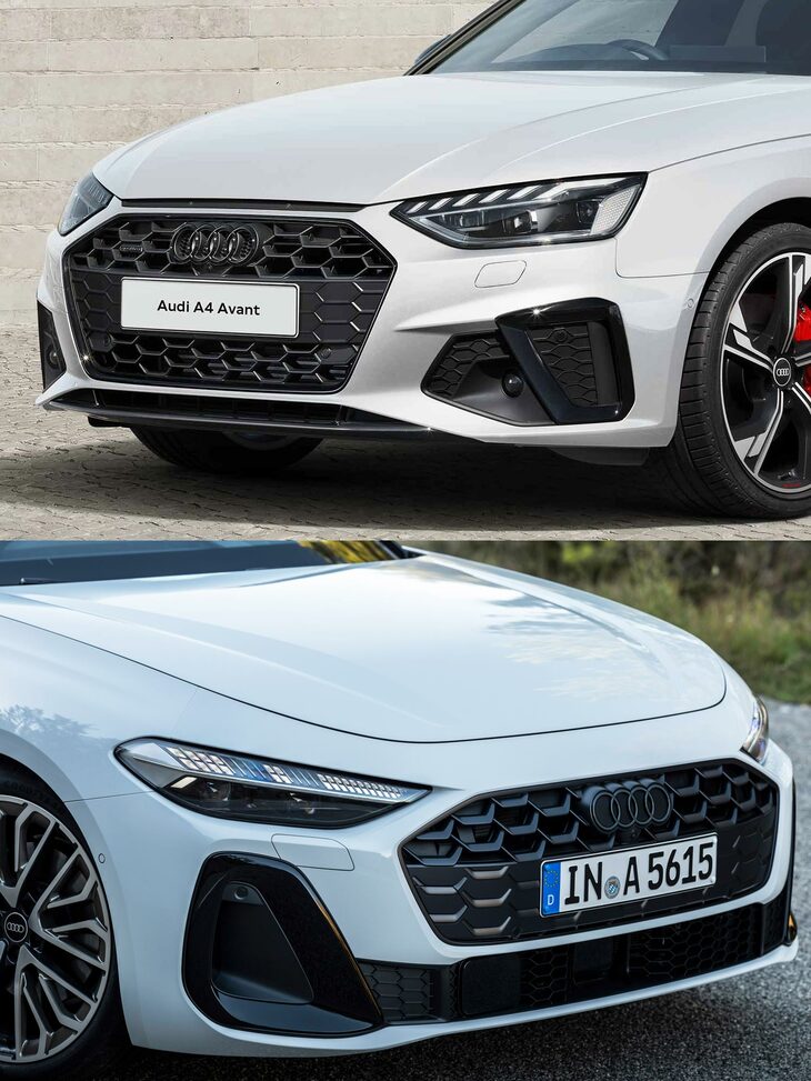 上が従来型の「A4」（後期型）の、下が新型「A5」のフロントマスク。“おデコ”の部分を見ると、後者ではプレスラインやスリットが廃されているが……。　
	清水「誤差の範囲だよねぇ、正直」