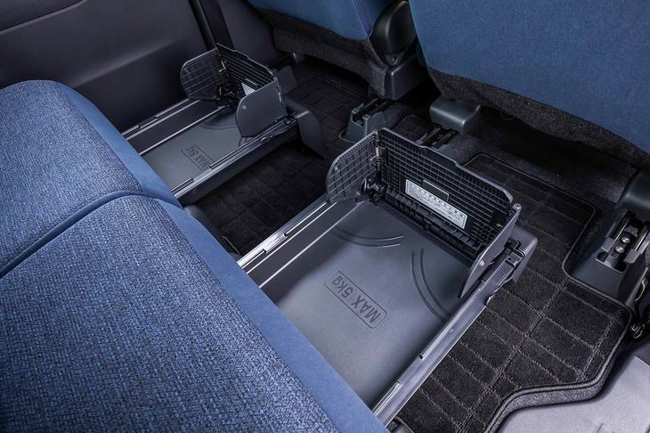 後席の座席下に備わる「置きラクボックス」。従来型にも備わっていた引き出し式の収納スペースだが、新型では片手で、2段階の操作で縁を展開できるよう操作性が改善された。