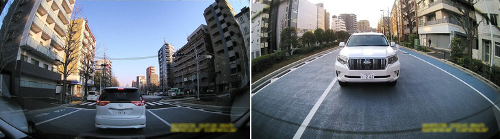 撮影範囲を広げたフロントカメラとリアカメラの映像。撮影範囲、特に対角方向が広くなるということは死角も少なくなるということで、走行時はもちろん駐車監視時の安心度も高まる。