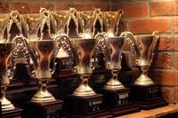 トロフィーの数々。これまで参戦したレース数はなんと340！ 佐藤さんいわく「勝てそうなレースしか出ません」。