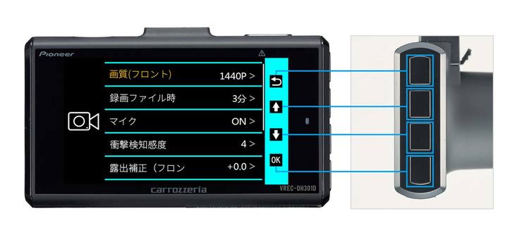 操作ボタンは本体横と上部に配置して画面の見やすさを追求するとともに、画面にガイドを表示して操作性を向上した。