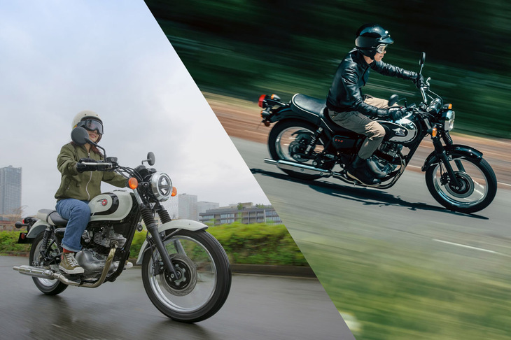 2024年11月20日に同時発売された、カワサキのレトロスポーツモデル「W230」（写真左）と「メグロS1」（同右）。価格は前者が64万3500円で、後者が72万0500円。