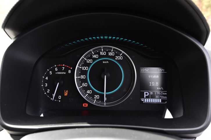 メーターは中央に速度計、左側にエンジン回転計を備えた2眼式。右側には燃費などの情報を表示するディスプレイが備わる。